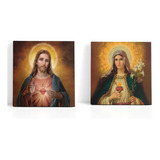 Set X2 Cuadros Sagrado Corazon Jesus Y Maria  Lienzo 30x30cm