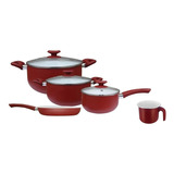 Set Bateria 5 Ollas Porcelana Rojo Cerámica Bifera Jarro Tv