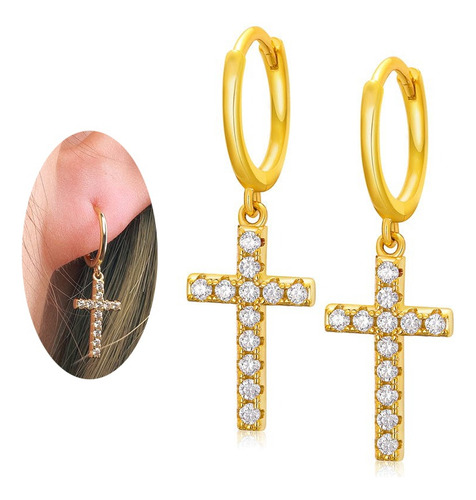 Aretes De Cruz Zircon  En Oro 18k Para Mujer Hombre