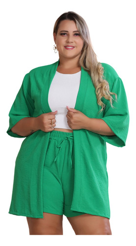 Conjunto Plus Size Feminino Kimono E Short Praia Verão