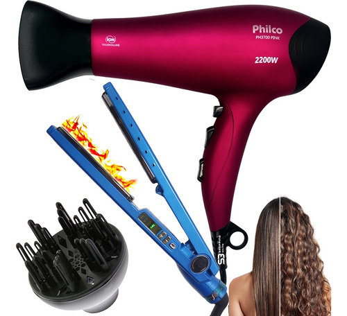 Secador De Cabelo 220w Com Difusor Grande E Chapinha Nano