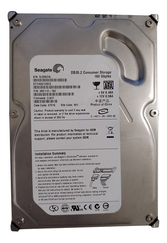 Disco Duro Seagate, 3.5, 160gb Sata 7200 Rpm Para Pc