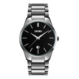 Reloj Hombre Skmei 9140 Acero Minimalista Fecha Elegante Color De La Malla Plateado/negro