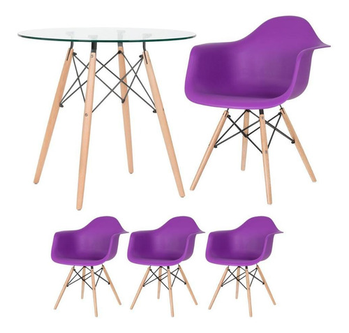 Mesa Redonda De Vidro Eames 80 Cm + 3 Cadeiras Eiffel Daw