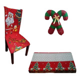 Set 6 Fundas De Sillas Con 4 Bastón Y Mantel Navideño 