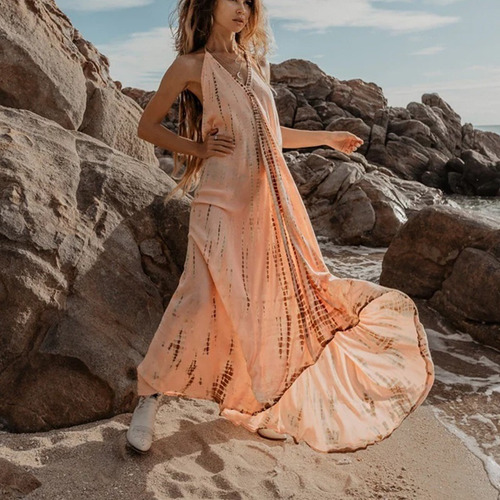 L Vestido Bohemio De Playa Sin Espalda Estampado Para Mujer