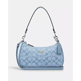 Bolsa Coach Baggete Azul Ch139 Original Elegante Acabado De Los Herrajes Níquel Color Celeste Correa De Hombro Celeste Diseño De La Tela Rayas