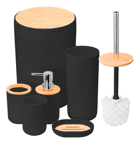 Kit De Banheiro Lixeira Saboneteira Bambu Moderno 6 Peças