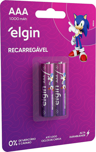 2 Pilhas Recarregavel Aaa Palito 1000 Mah Elgin