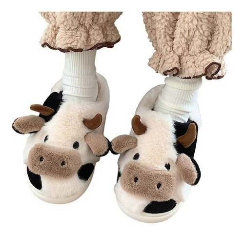 Pantuflas De Vaca Difusas Zapatos De Algodón Cálidos