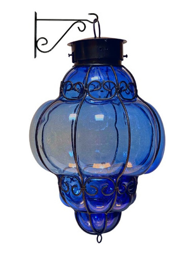 Lámpara Farol Artesanal Colgante, De Vidrio Soplado Azul