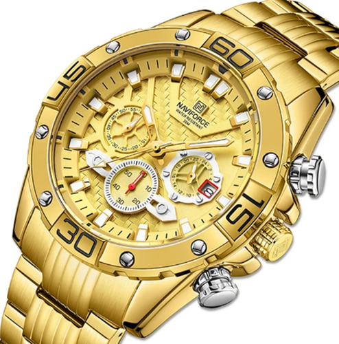 Relógio Masculino Dourado Naviforce Clássico Luxo