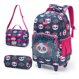 Mochila De Rodinhas C/ Lancheira Estojo Infantil Escolar Cor Azul/rosa Panda