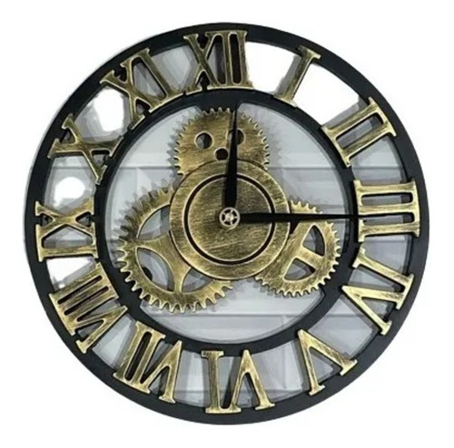Reloj De Pared Grande Calado Negro Engranaje Numero Romanos
