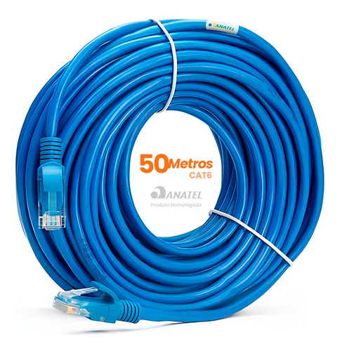 Cabo De Rede 50 Metros Lan Internet Crimpado Rj45 Cat6 Azul