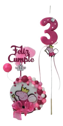 Adorno Para Torta Peppa Pig + Vela Numerote Porcelana Fria