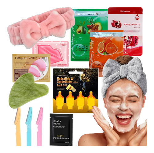 Set Skincare Facial Máscarillas Ampolla Gua Sha Jade Vincha 