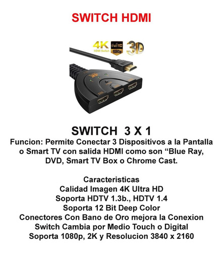 Switch Hdmi 1080p 3 Entradas 1 Salida Hdmi Selector Conector