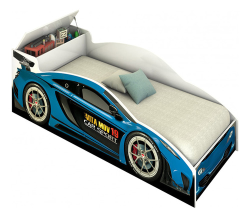 Cama Berço Carro Azul Speed Infantil Meninos Baú Brinquedo 