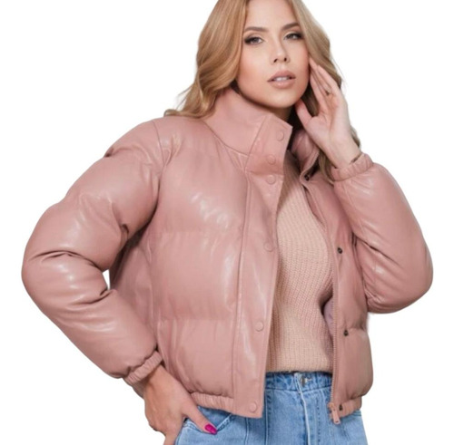 Jaqueta Puffer Couro Pu Feminina Gola Alta Zíper/botões Luxo