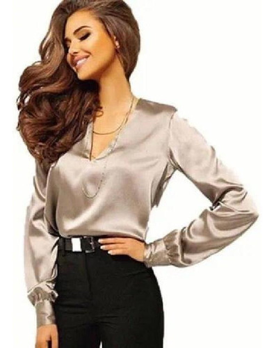 Blusa Cuello V Satén Moda Casual Elegante Diseños Para Mujer