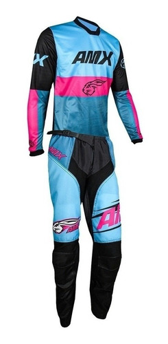 Kit Amx Prime Roupa Masculino Race Azul / Rosa Enduro Trilha