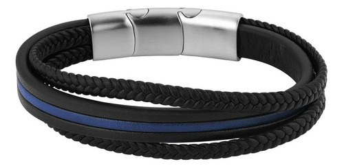 Pulseira Life Masculina Aço E Couro Preto Azul 19,5 Cm 467 Comprimento 19.5 Cm Cor Azul-marinho