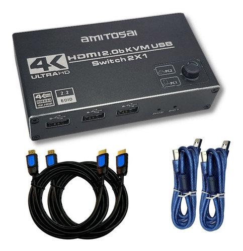 Switch Kvm 2 Puertos Hdmi Con Audio C/2 Cables Hdmi 1,5m 4k 