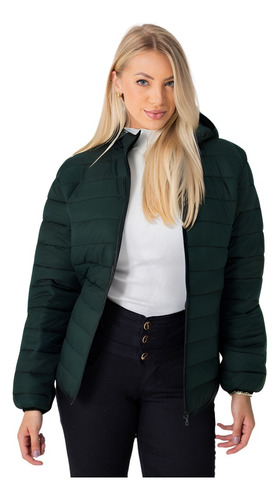 Jaqueta Feminina Plus Size Puffer Capuz Nylon Impermeável