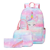 Set 3 Mochila Bolsas Escolar Estudiante Gran Capacidad Con Lapicera +lonchera Térmica Unicornio