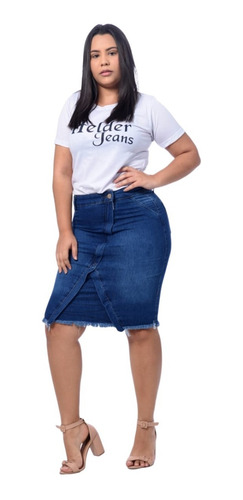 Saia Midi Jeans C. Elastano Evangélica Executiva Tradicional