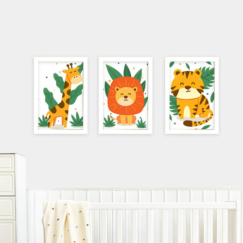 Quadros Safari Baby 3 Peças Moldura Decoração Quarto Bebê