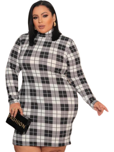 Vestido Xadrez Curto Plus Size Manga Longa Cacharrel Suplex