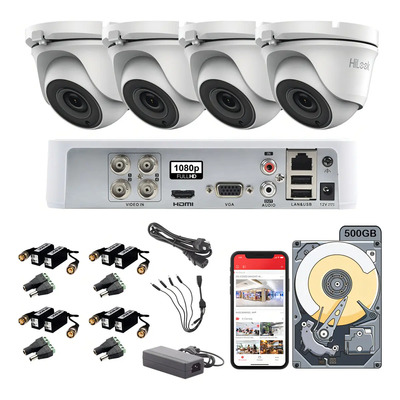 Kit Circuito Cerrado HiLook Dvr 4 Canales 4 Camaras Domo Metal 1080p 2mp Thc-t120-m Video Baluns + Hdd 500gb | Envío gratis