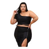 Plus Size - Conjunto Feminino Saia Fenda C/ Cropped 1 Manga