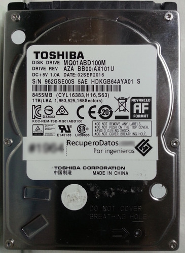 Disco Toshiba Mq01abd100m 1000gb Sata - 3050 Recuperodatos