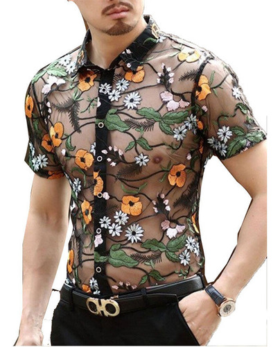 Camisas De Malla Transparente Para Hombre, Bordado Floral Vi