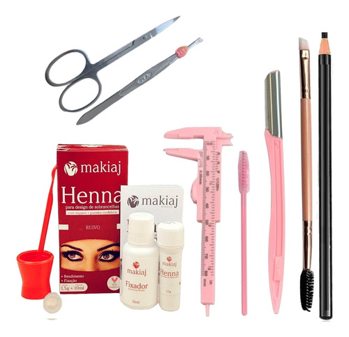 Kit Para Sobrancelha Henna+pinça+navalha+tesoura+lapis