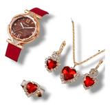 Set Reloj De Pulsera Aretes Collar Anillo Rojo