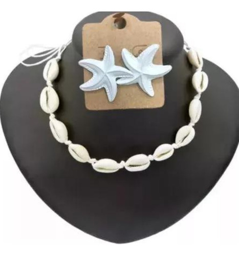 Colar Chocker Búzios Gargantilha + Brinco Estrela Do Mar