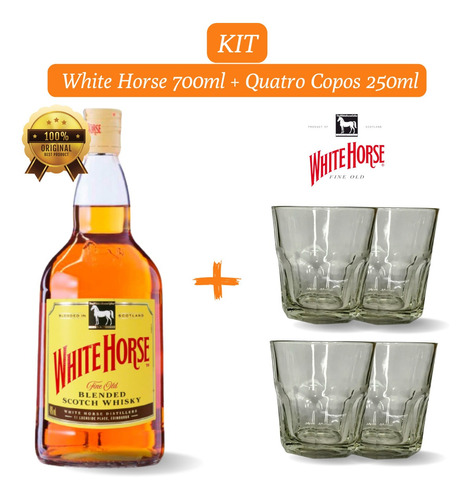 Kit 1 Whisky White Horse 700ml Com 4 Copos De Vidro De 250ml