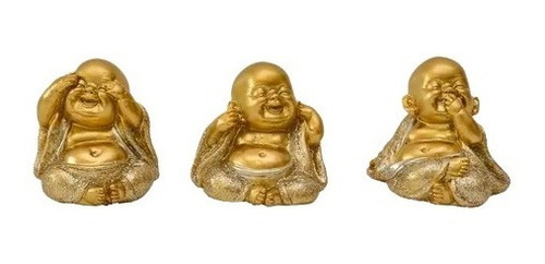 Mini Trio Estátua Buda Monges Sábios Cego Surdo Mudo Dourado