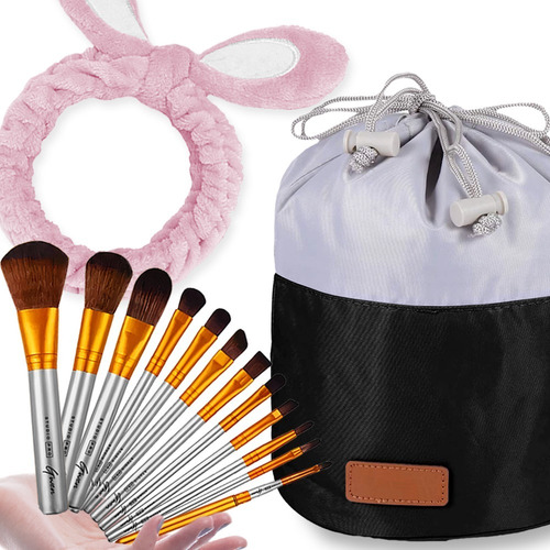 Kit 12 Pincel Maquiagem Base + Faixa De Cabelo + Necessaire