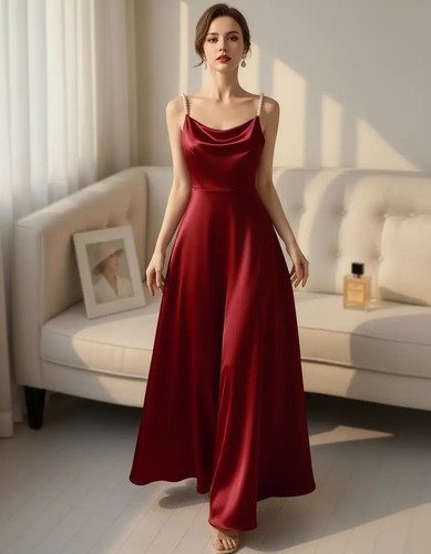 Vestido Elegante De Satén Con Tirantes De Perlas Para Mujer