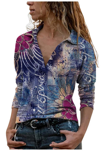 Tops Mujer Estampado Flores Voltear Manga Larga Pullove 6484