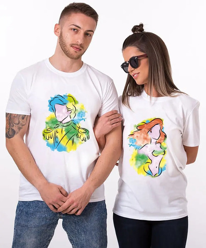 Playera Sirenita Ariel X Eric Para Parejas Estilo Acuarela