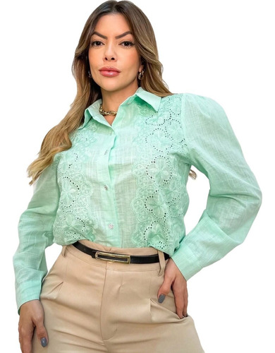 Camisa Feminina Social Manga Longa Tecida Em Linho Luxo Top