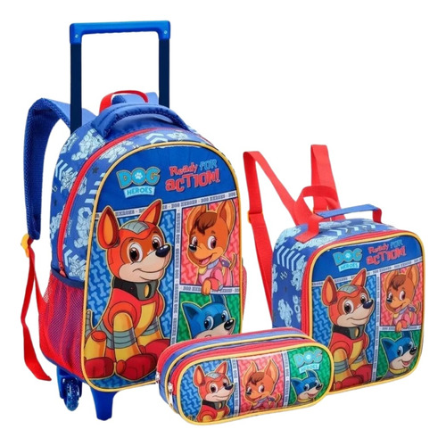 Kit Mochila Escolar Infantil Pet Heroes Com Rodinhas