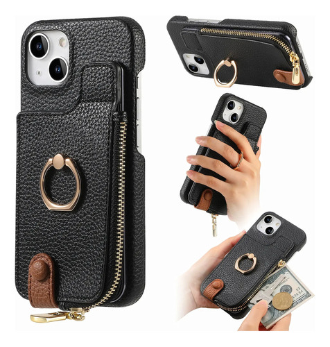 Funda De Piel Para iPhone Con Cierre De Anillos, Tarjetas Y