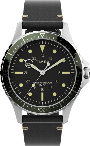 Reloj Timex Hombre Tw2v45300 Cuero Negro Navi Harbour Wr100m Color Del Bisel Verde Oscuro